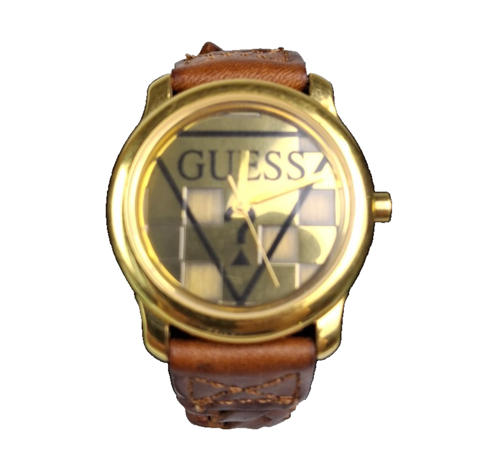 Vintage 1994 GUESS Gold Tone Logo Dial Brown Leather Watch 33mm New Battery